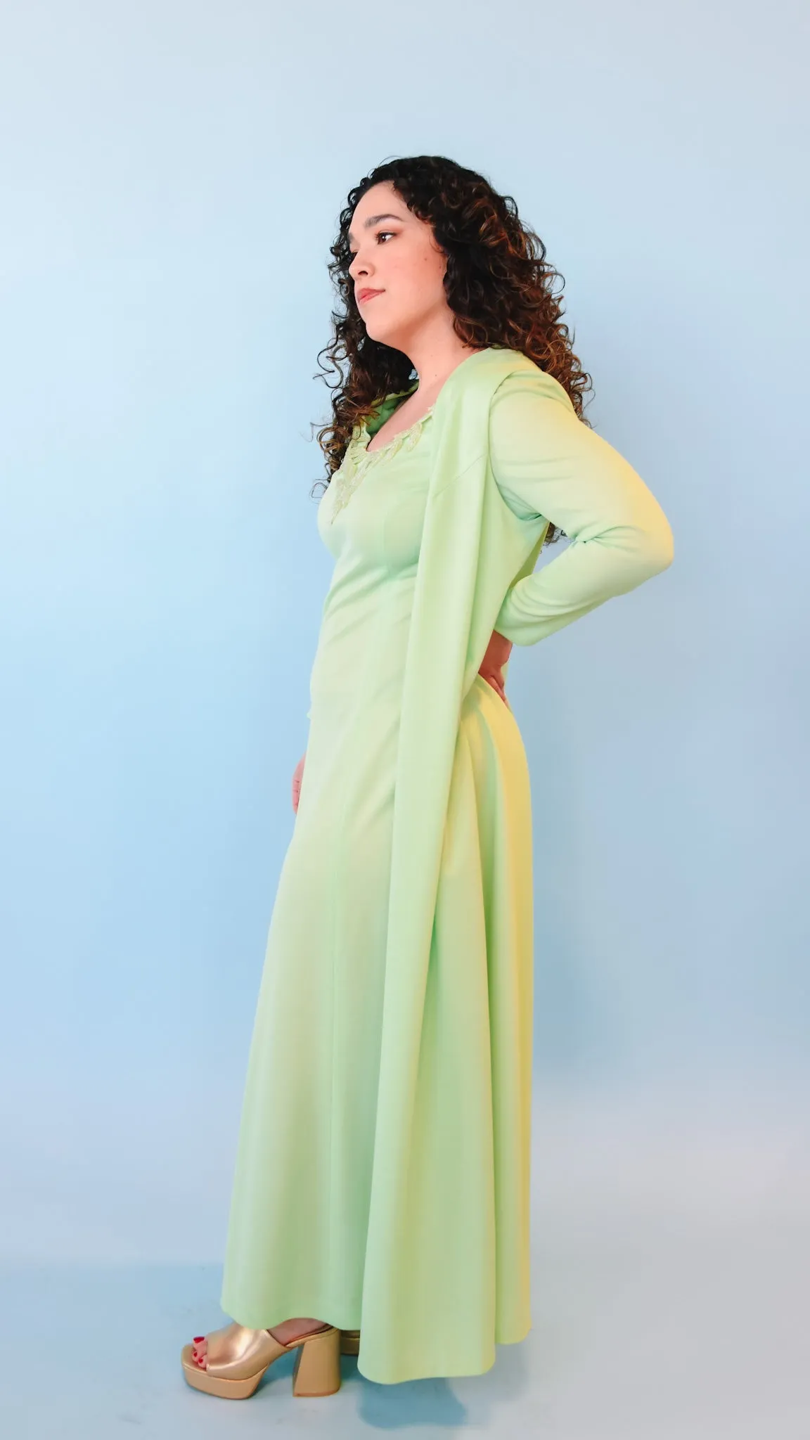 1970s Leafy Green Maxi Dress, sz. L