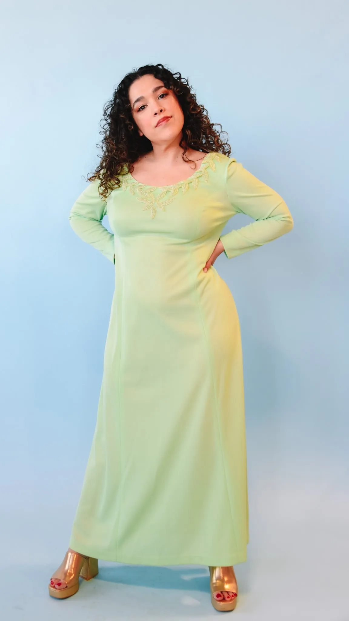 1970s Leafy Green Maxi Dress, sz. L