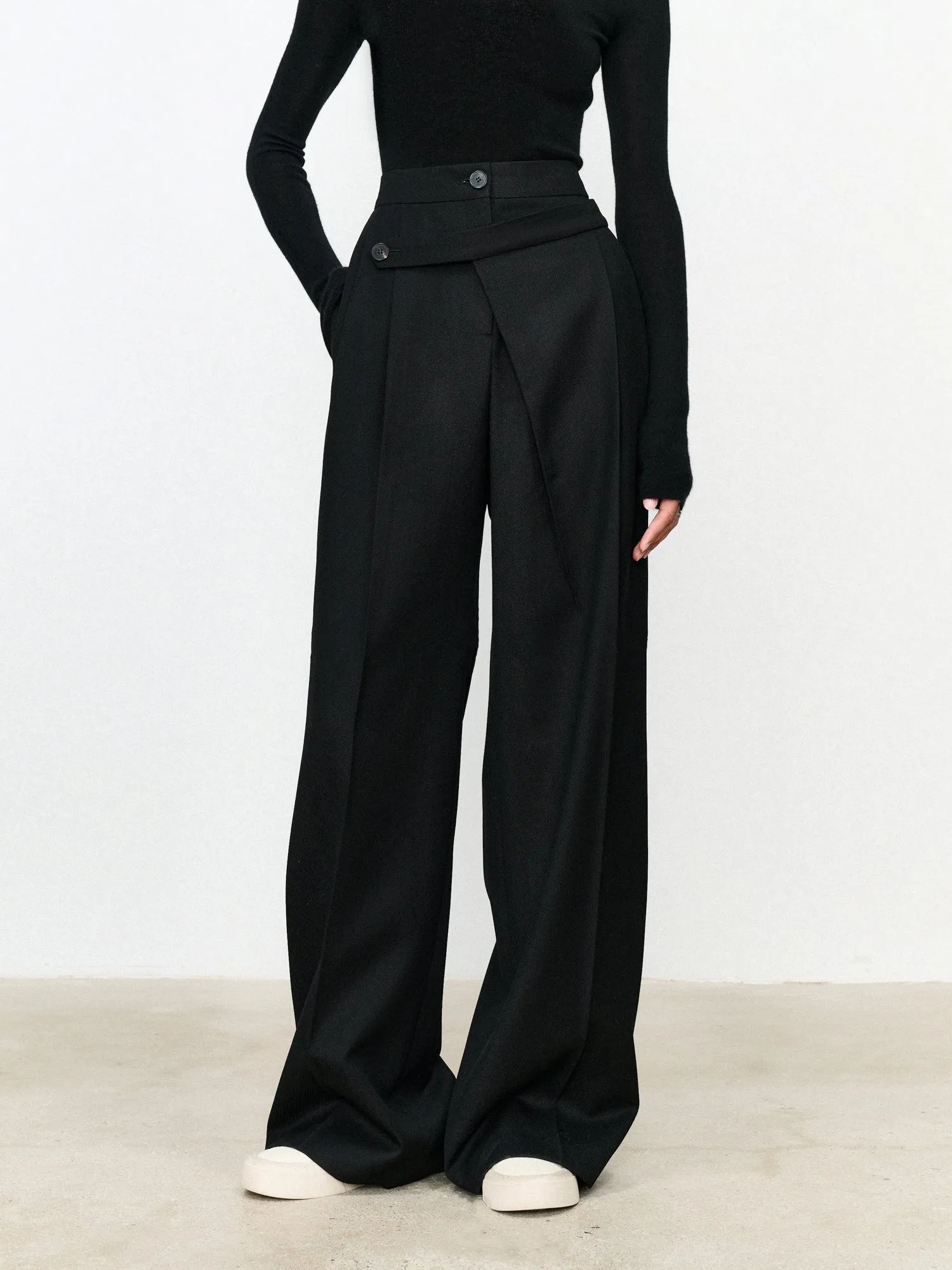 Asymmetric Layer Button Trendy Straight Leg Dress Pants