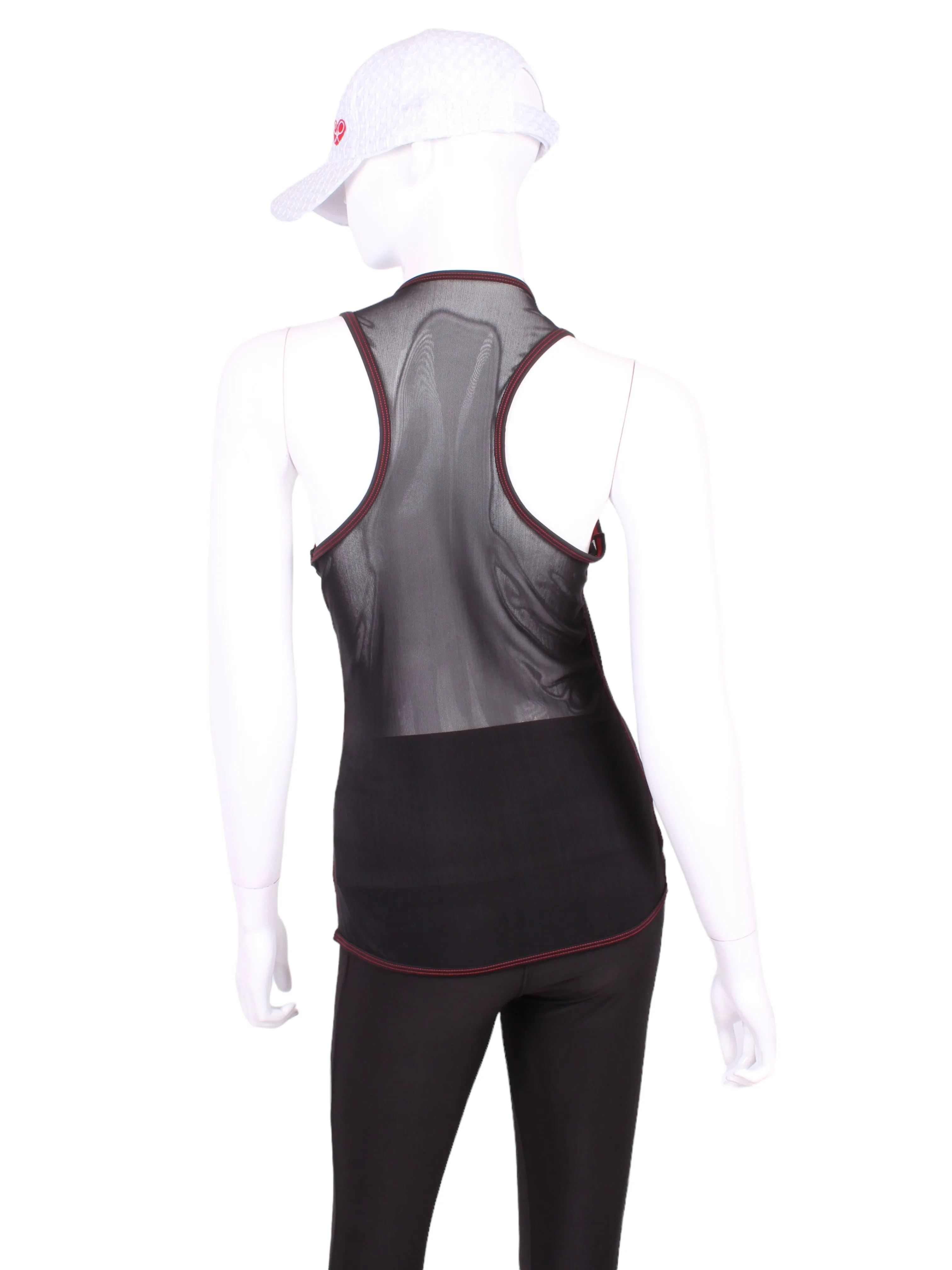 Black Vee Tank Black Mesh Back Red Stitching