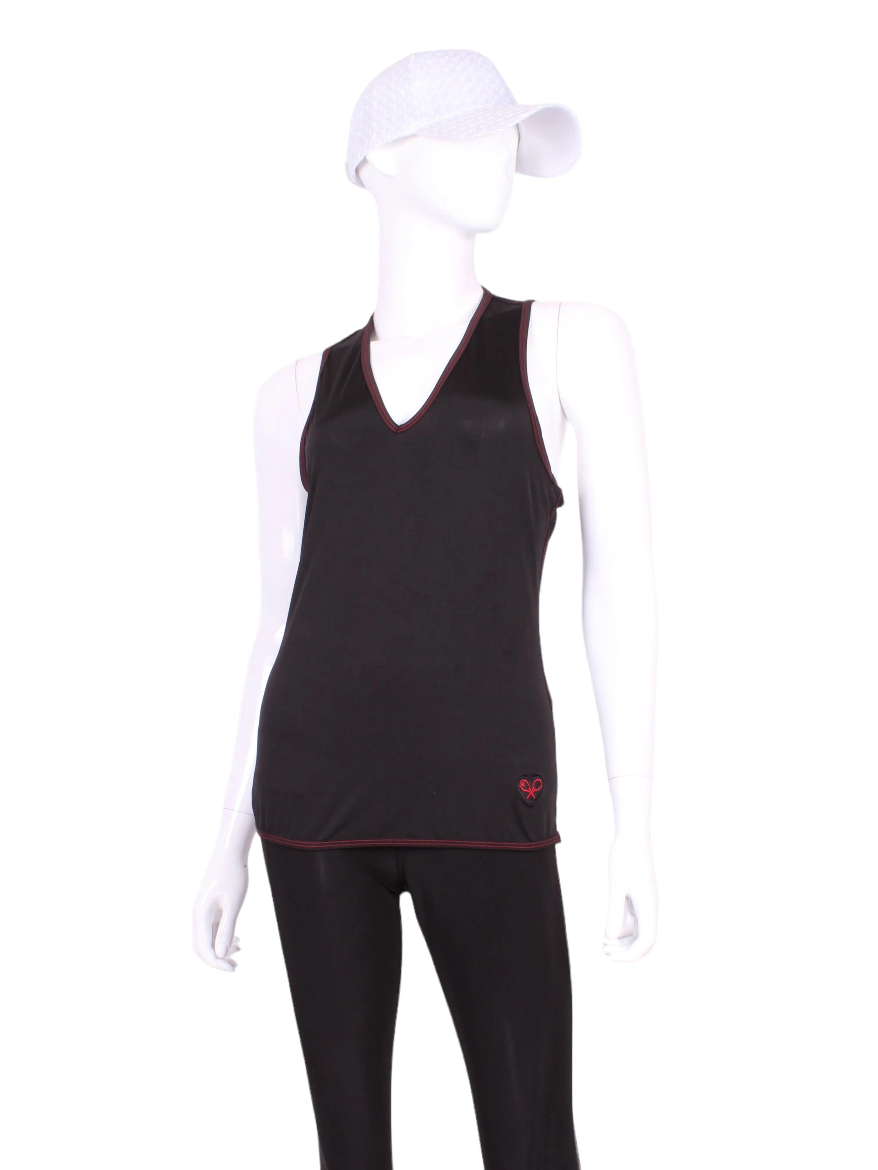 Black Vee Tank Black Mesh Back Red Stitching