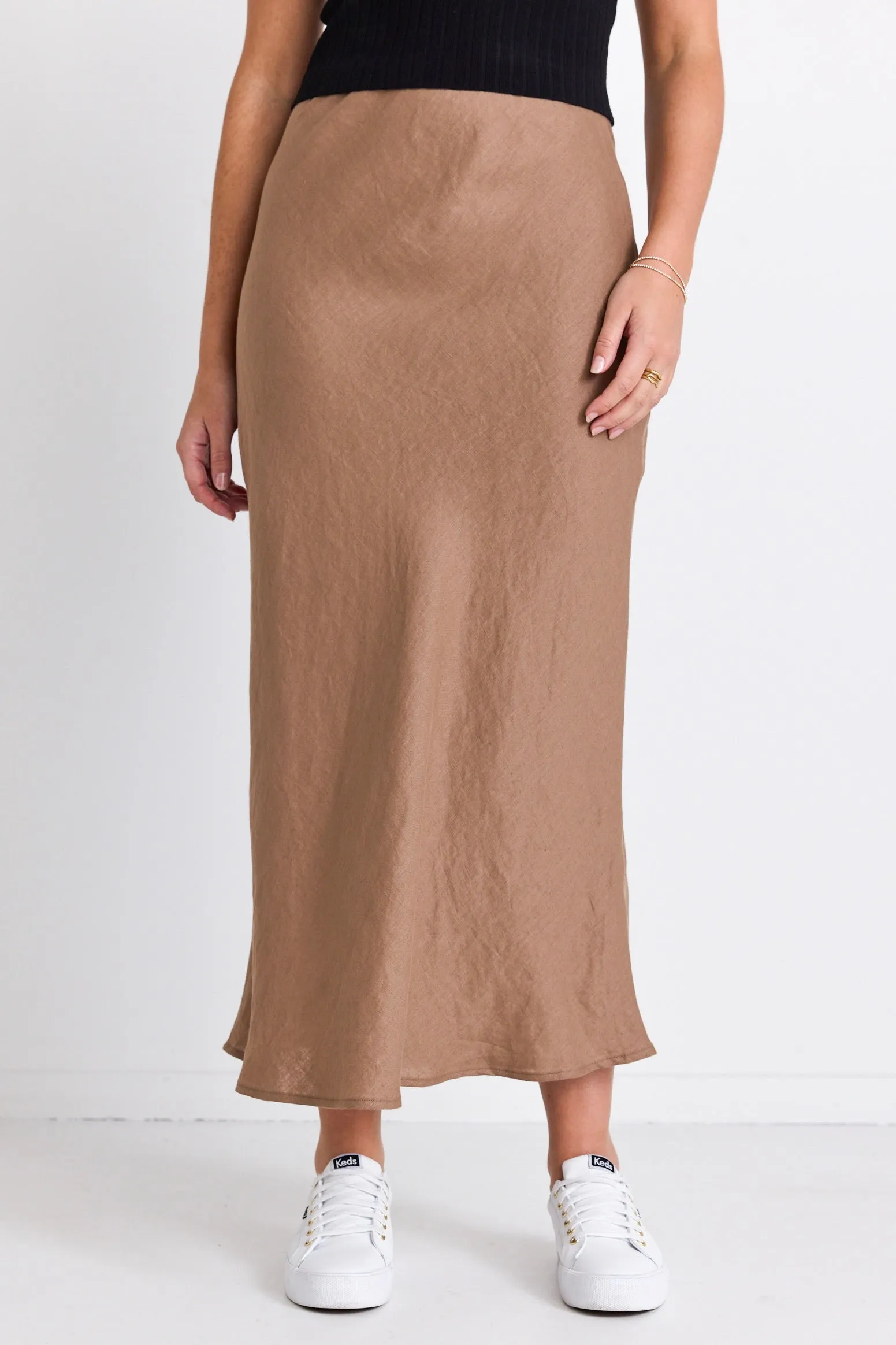 Bliss Mushroom Linen Bias Midi Skirt