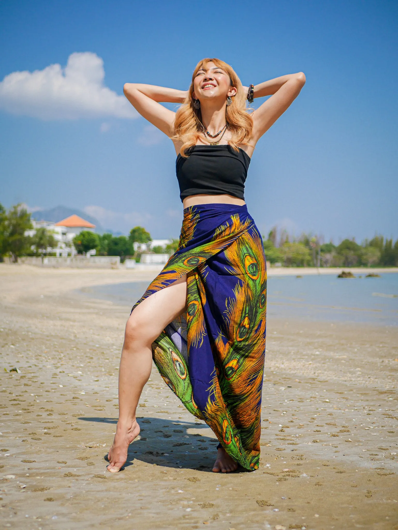 Blue Green Wild Peacock Boho Wrap Skirt