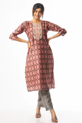 Brown with Green Zari and Thread work with Printed Straight Cut Salwar Suit