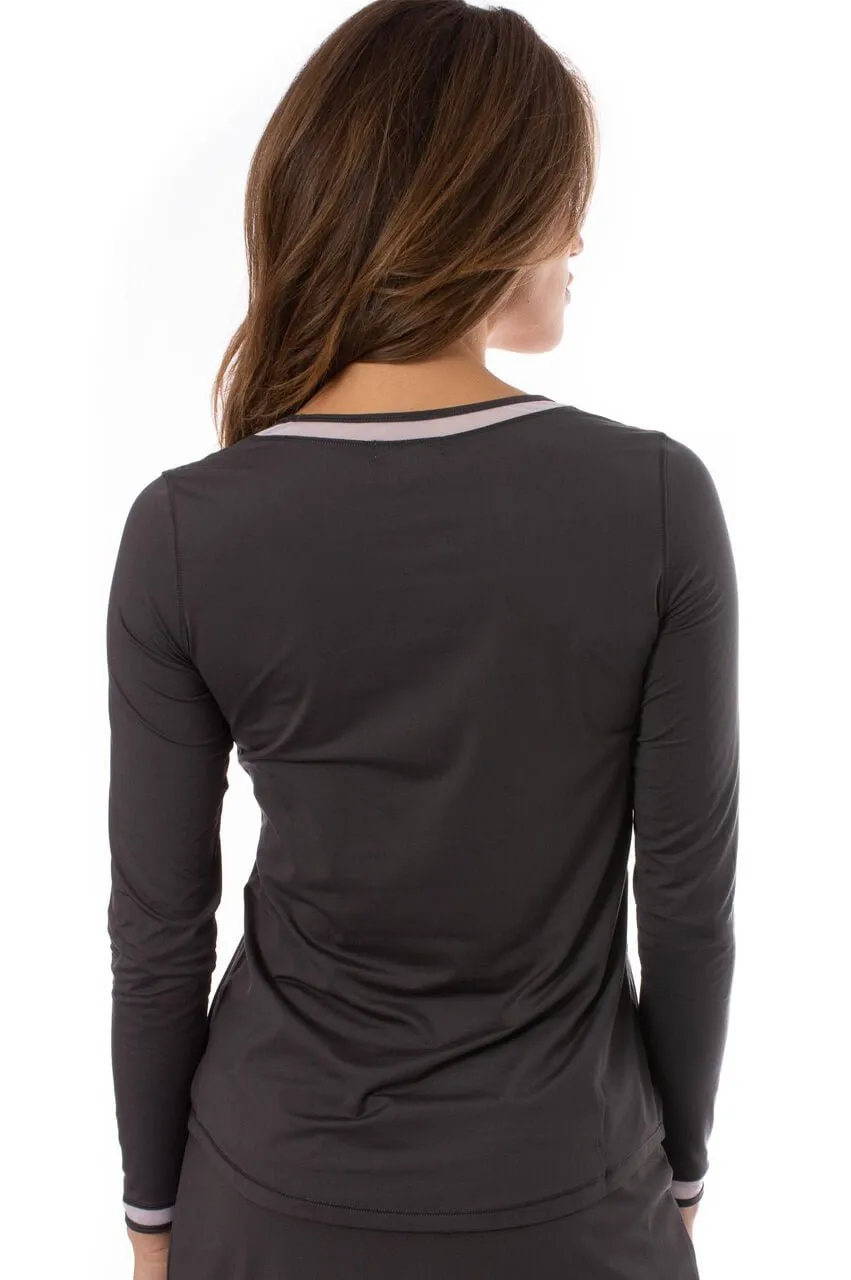 Charcoal/White Long Sleeve Mesh Trim Top