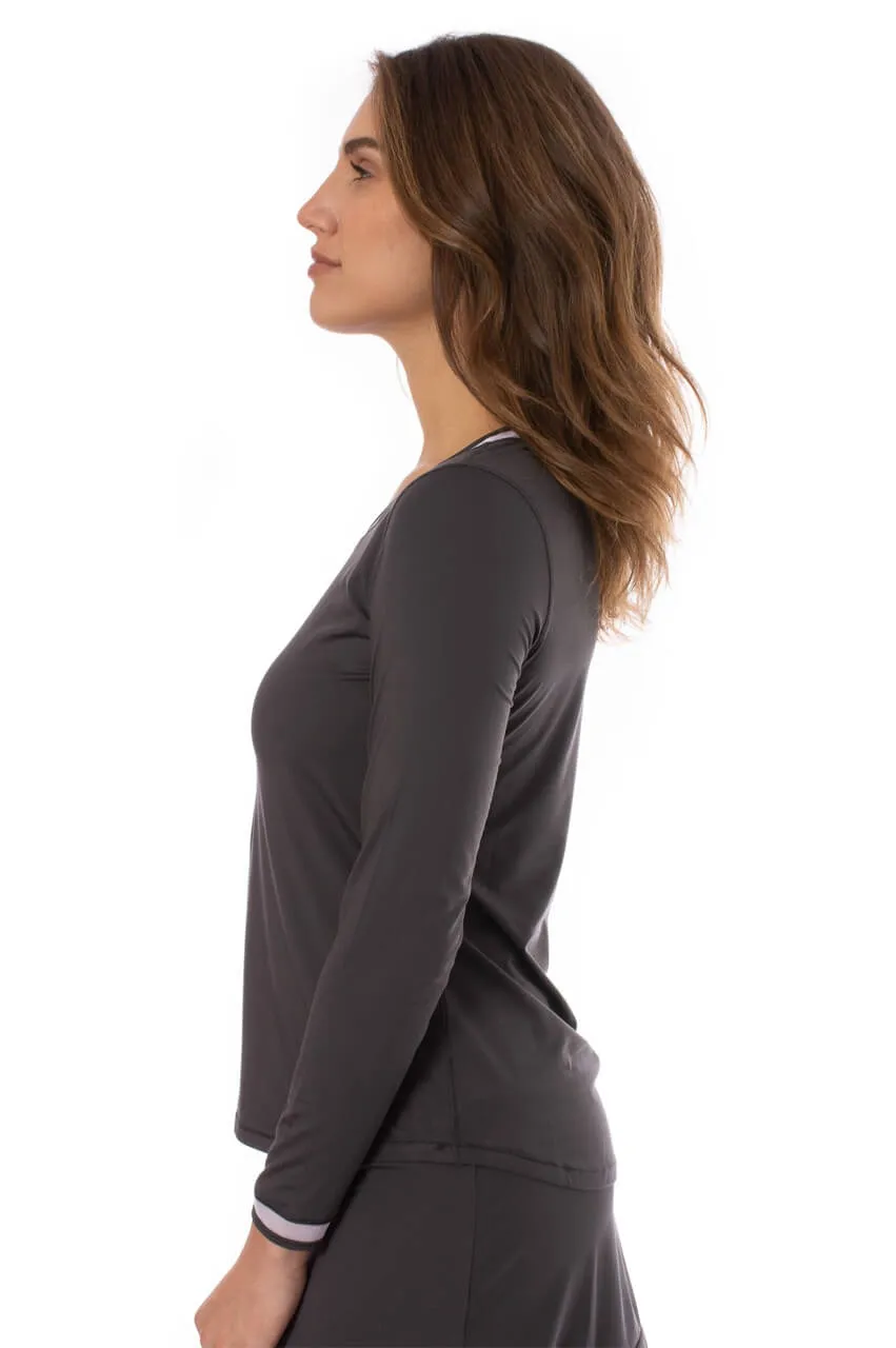 Charcoal/White Long Sleeve Mesh Trim Top