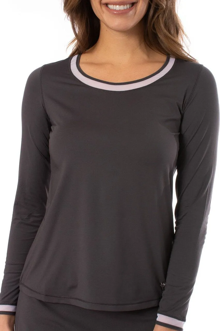 Charcoal/White Long Sleeve Mesh Trim Top