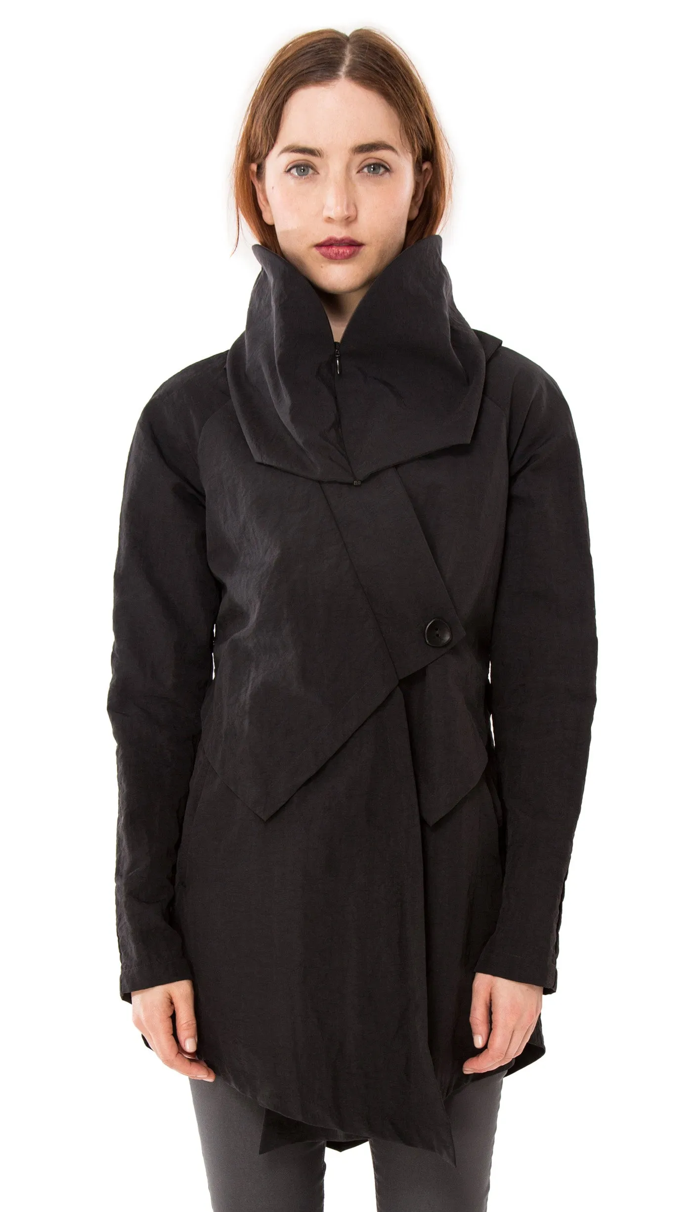 Convertible Hood Asymmetrical Rain Jacket/ Black