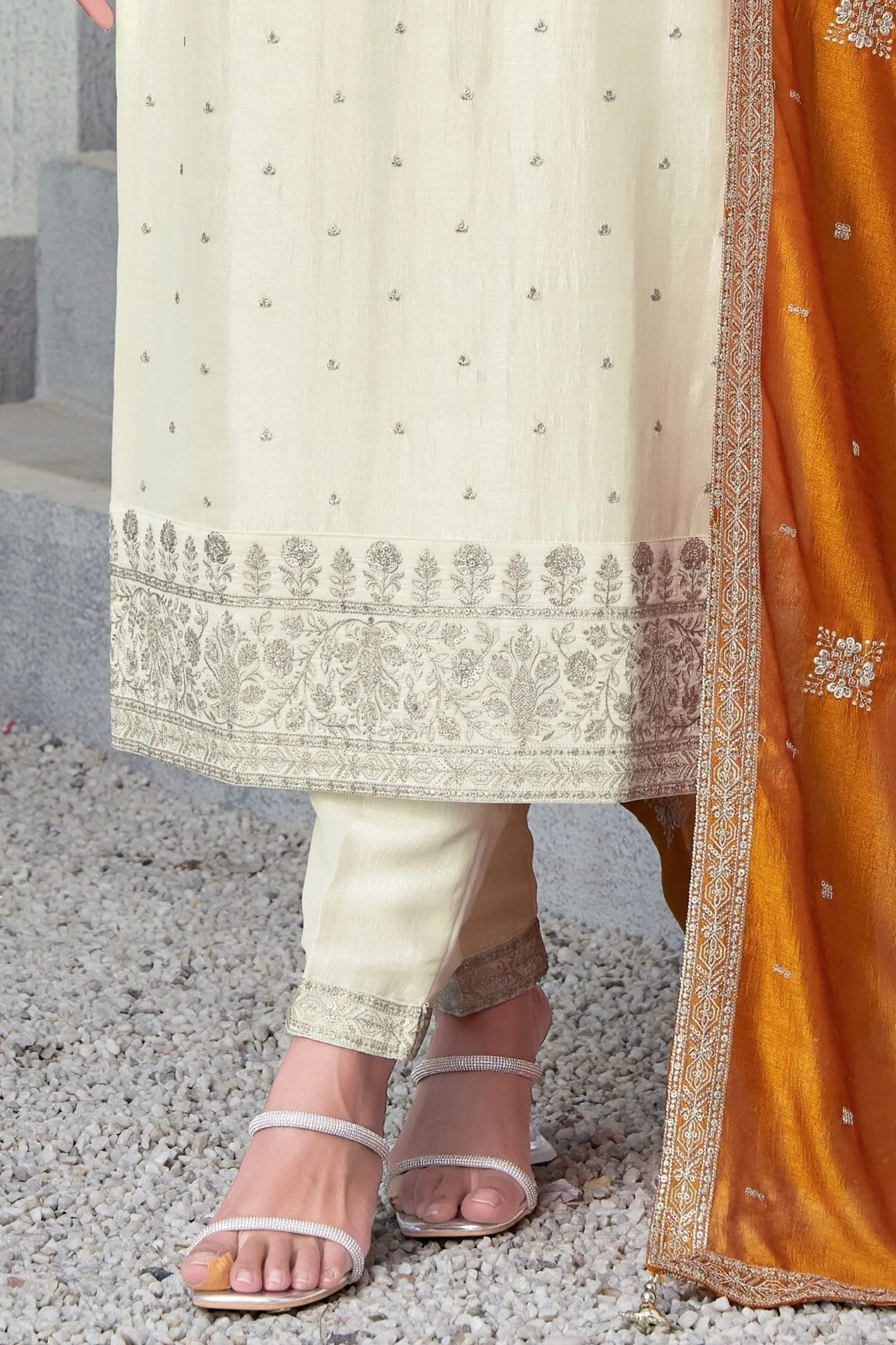 Cream Silver Zari and Sequins work Straight Cut Salwar Suit