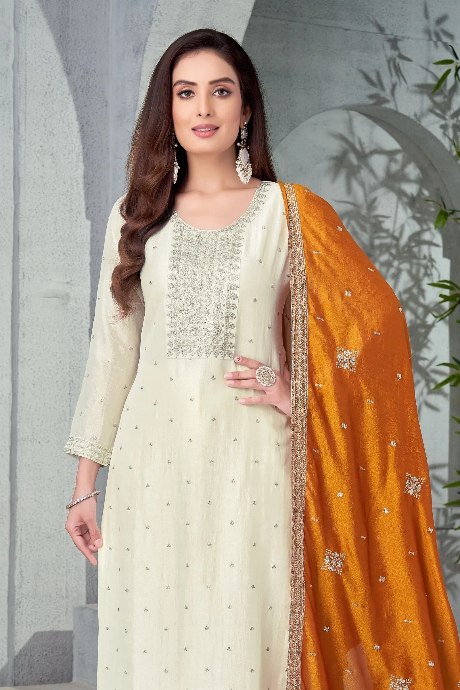 Cream Silver Zari and Sequins work Straight Cut Salwar Suit