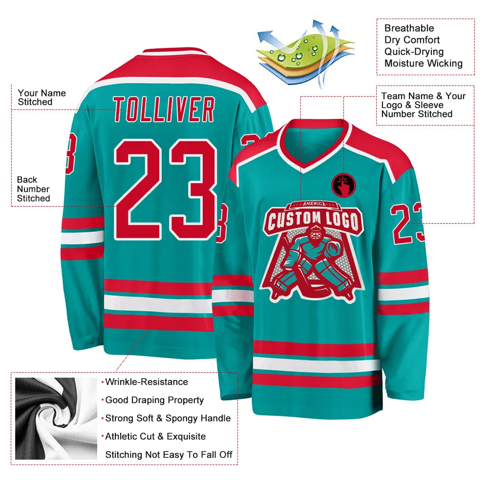 Custom Aqua Red-White Hockey Jersey