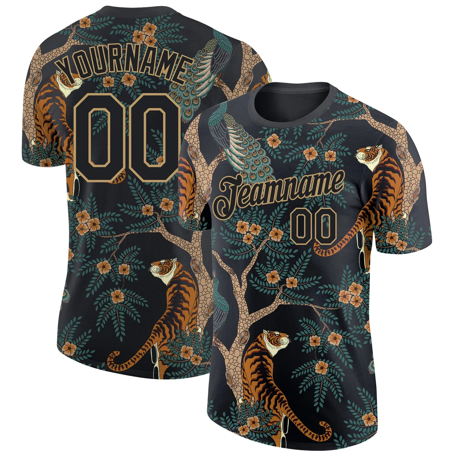 Custom Black Black-Old Gold 3D Pattern Design Tiger And Peacock Performance T-Shirt