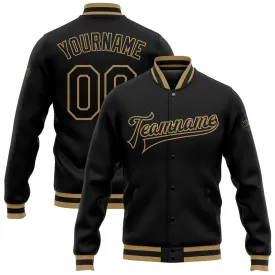 Custom Black Black-Old Gold Bomber Full-Snap Varsity Letterman Jacket