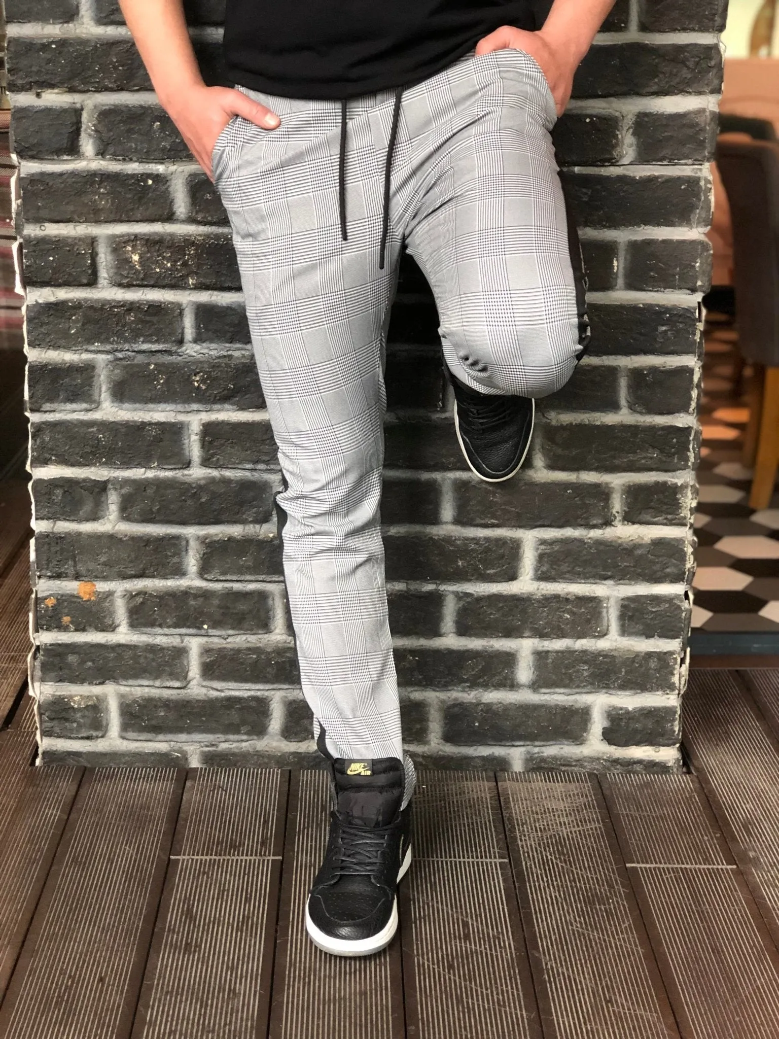 Gray Side Striped Checkered Slim Fit Casual Mens Pant DJ175 Mens Pant