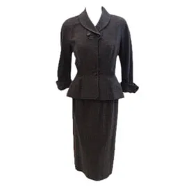 HATTIE CARNEGIE 1950s 2 pc Grey Wool Fitted Jacket Skirt Set