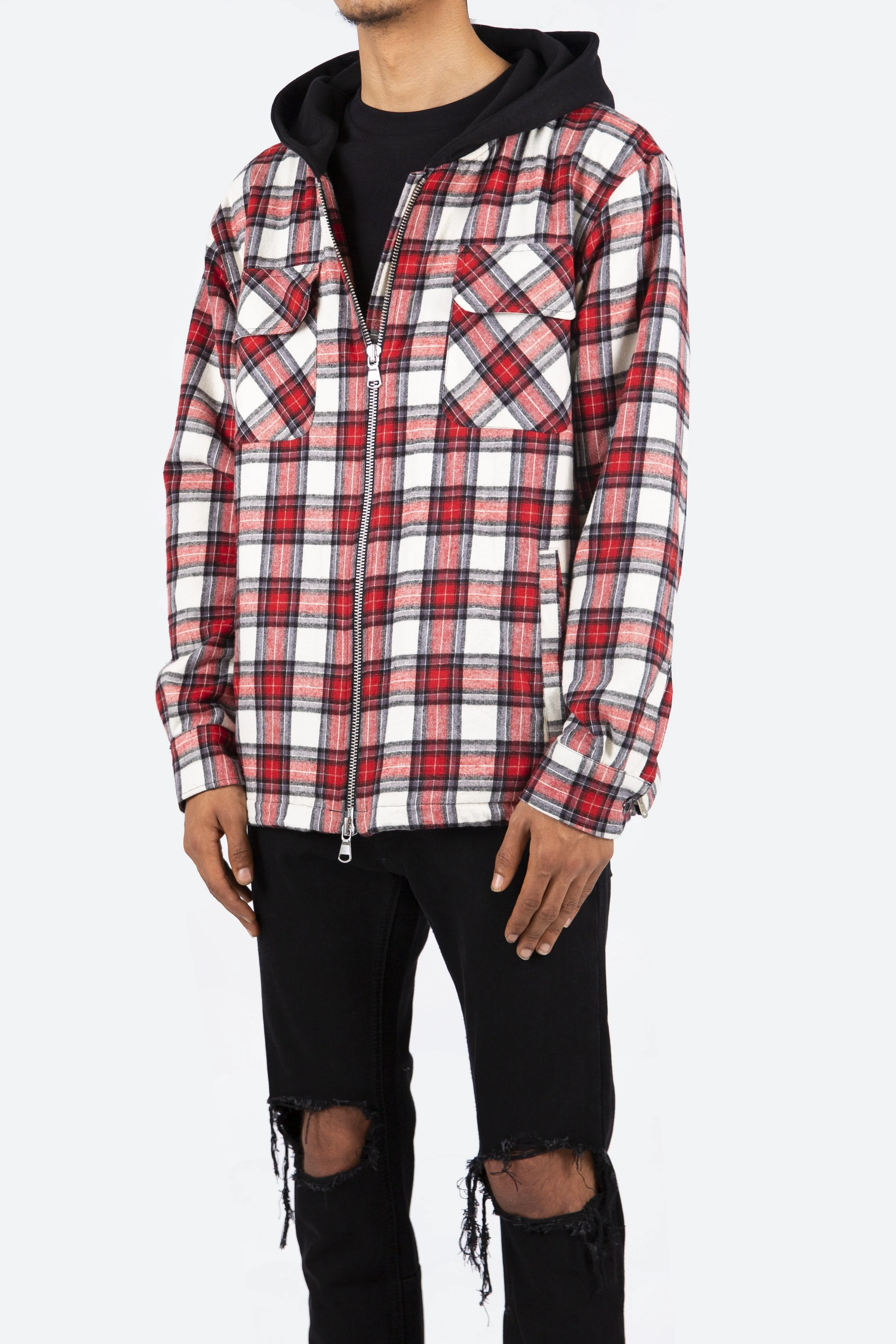 Hooded Zipper Flannel Jacket - White/Red