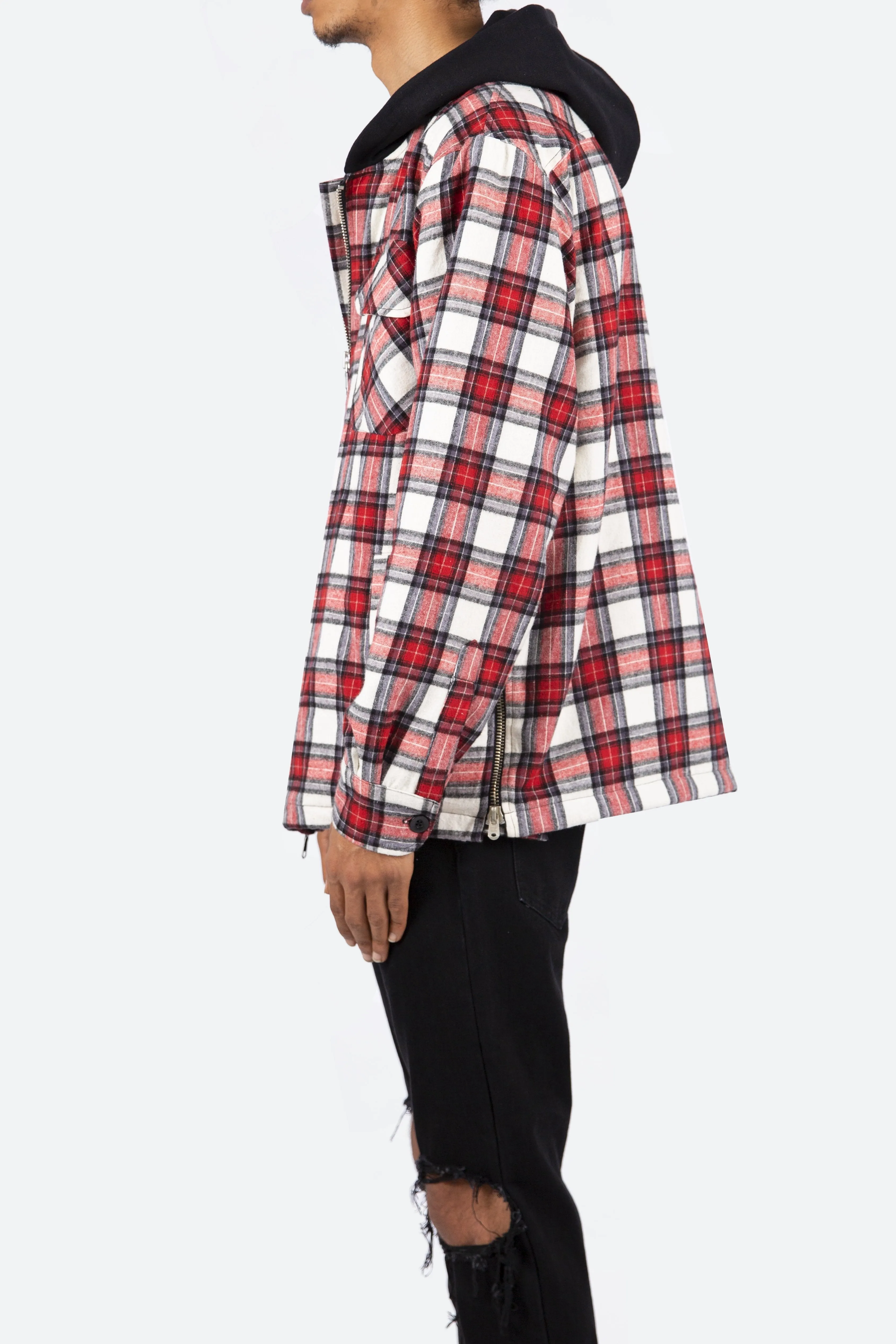 Hooded Zipper Flannel Jacket - White/Red