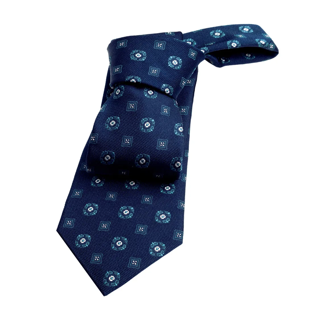 Hunter Foulard Silk Tie, Navy / Turquoise / White