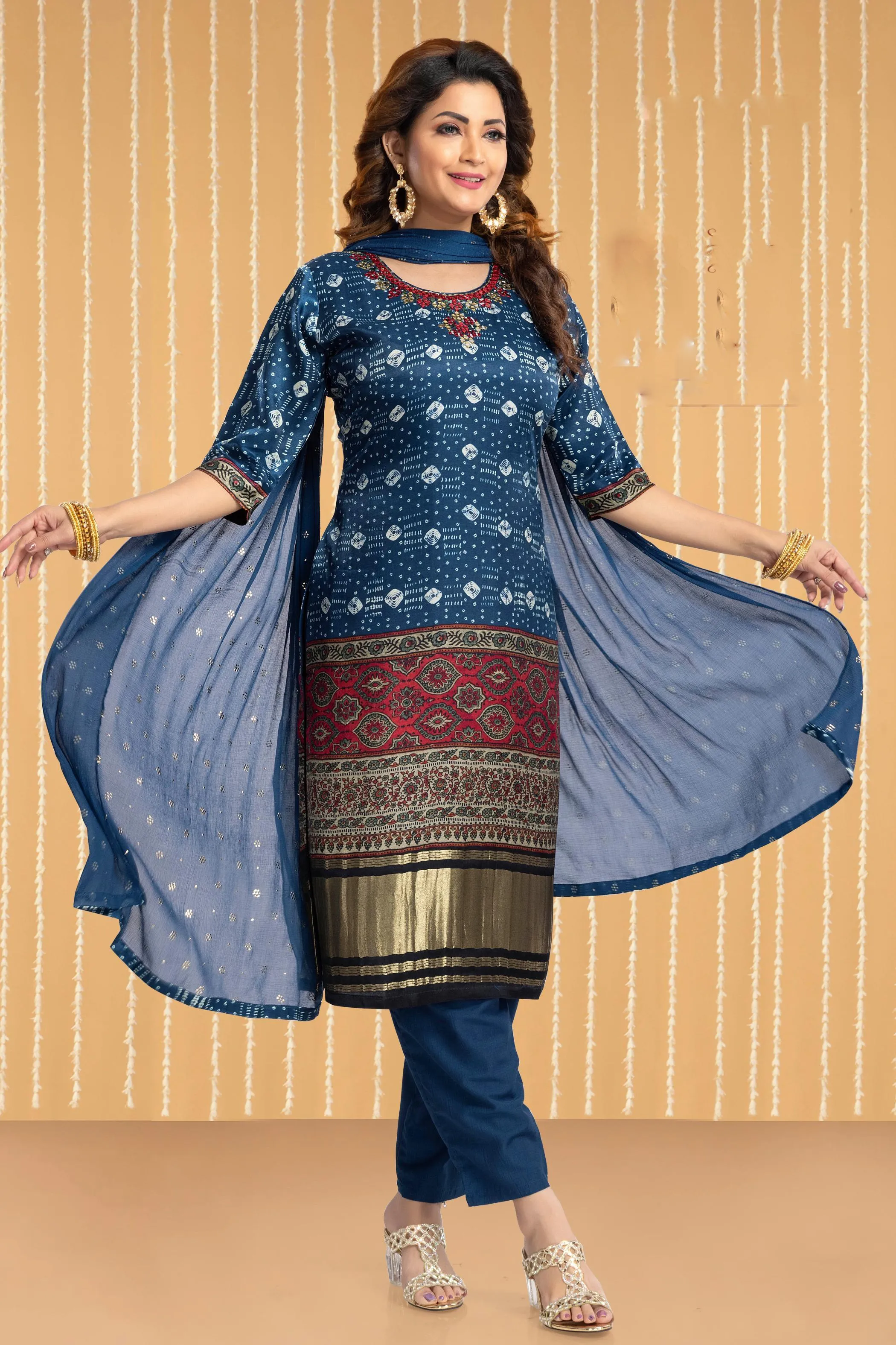 Indigo Blue Mirror and Thread work with Digital Print Straight Cut Salwar Suit