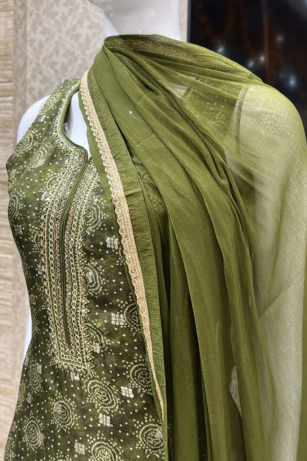 Leaf Green Banaras Butta and Thread work with Bandini Print Straight Cut Salwar Suit