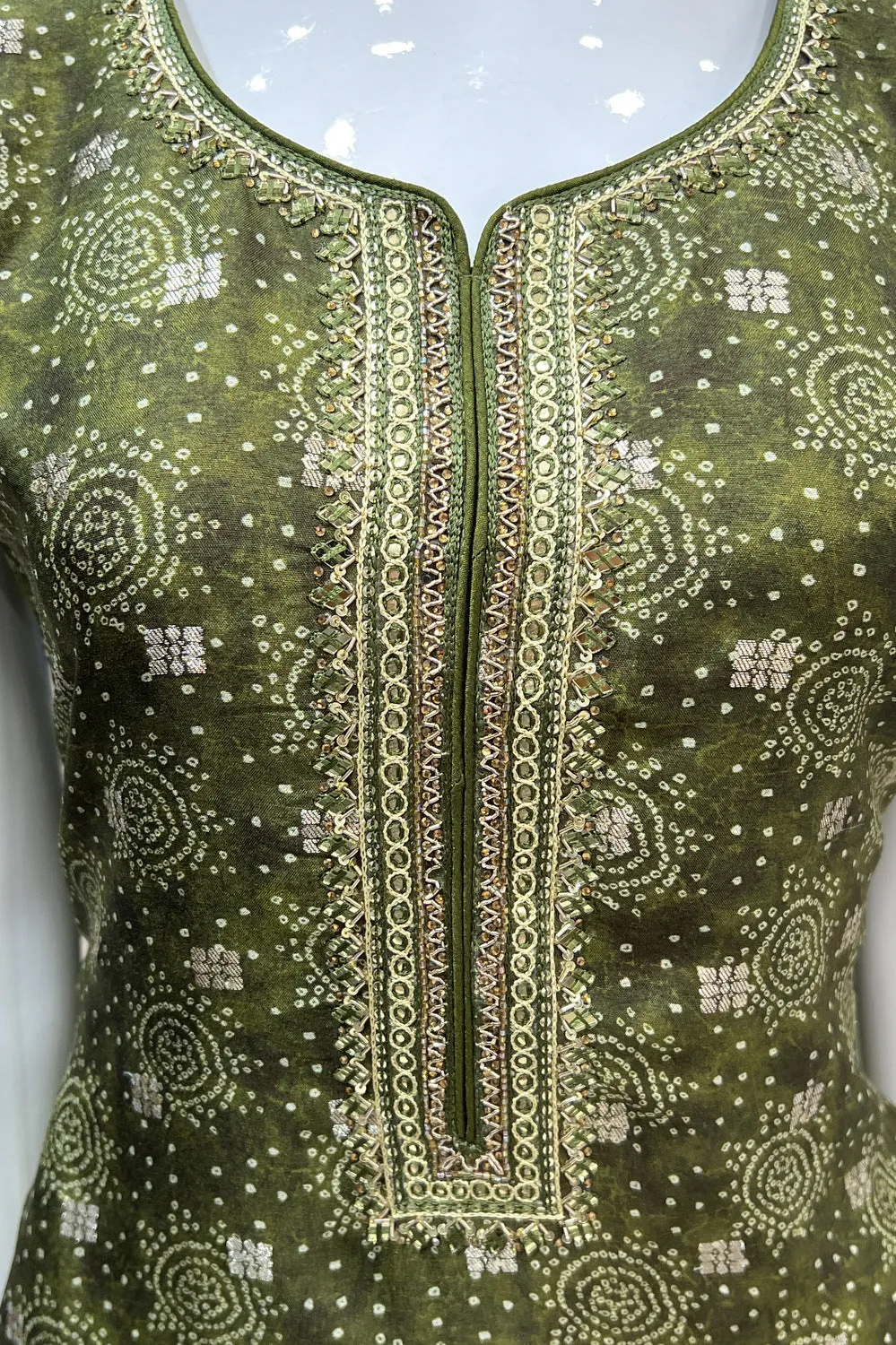 Leaf Green Banaras Butta and Thread work with Bandini Print Straight Cut Salwar Suit