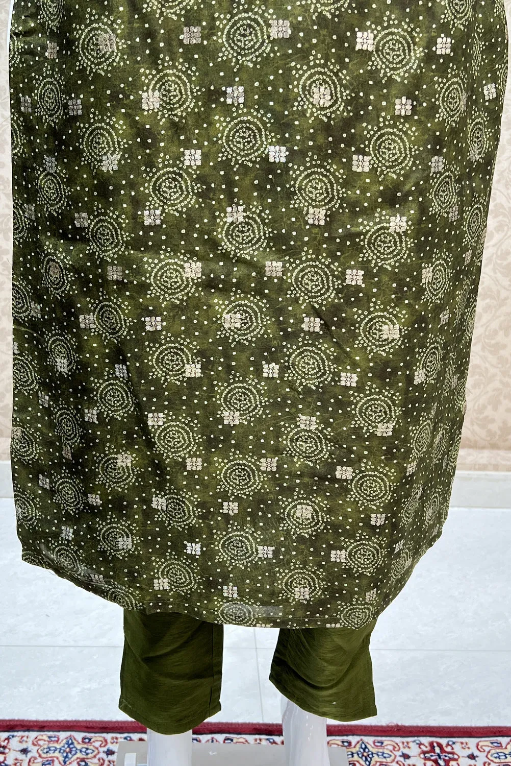 Leaf Green Banaras Butta and Thread work with Bandini Print Straight Cut Salwar Suit