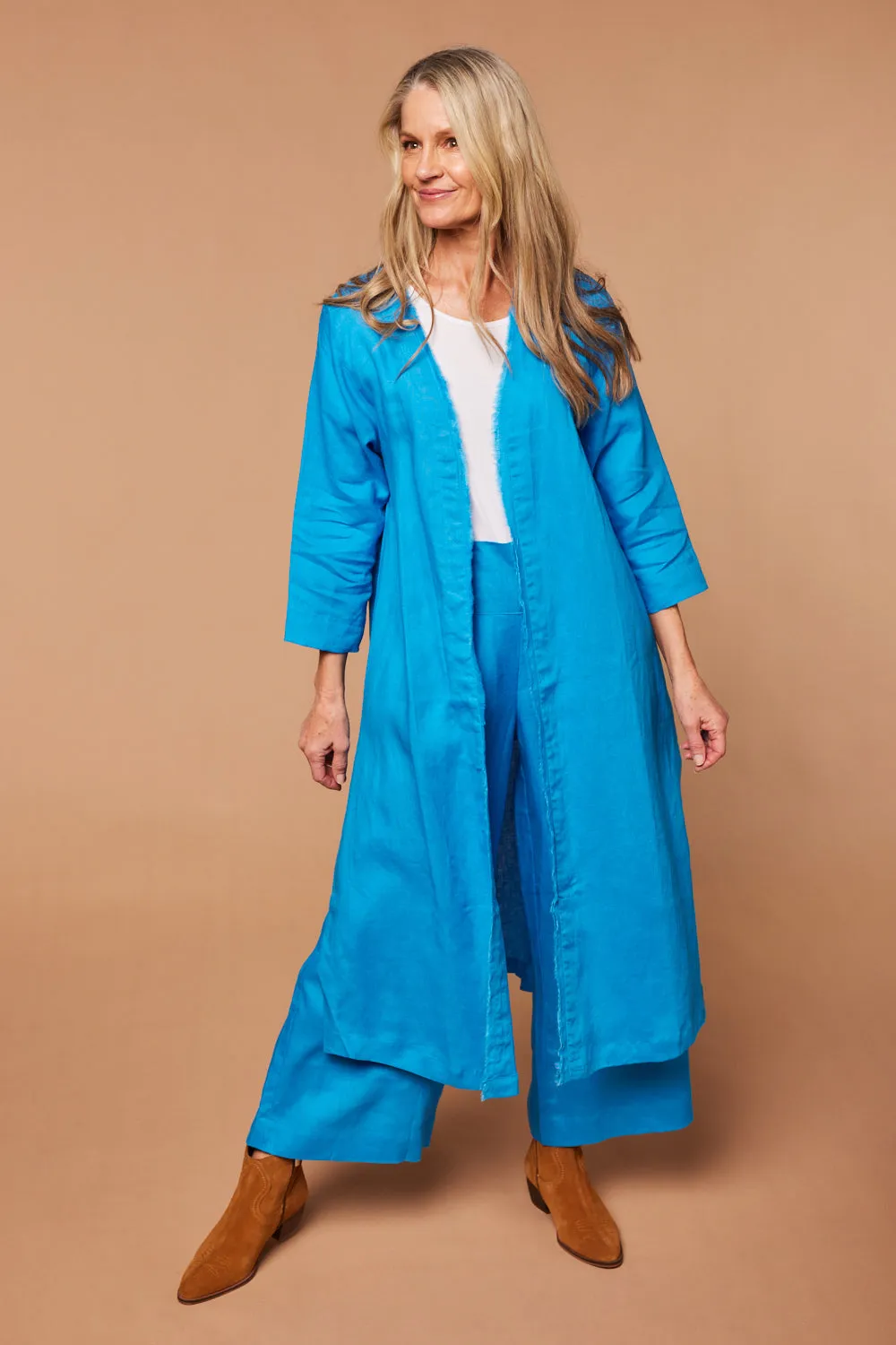 Long Line Linen Duster Jacket in Cobalt