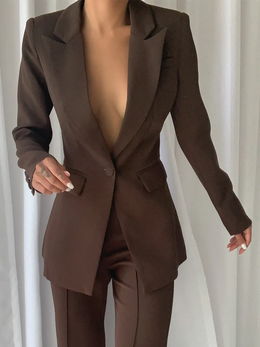 NAOMA Blazer & Flared Pants Set in Brown