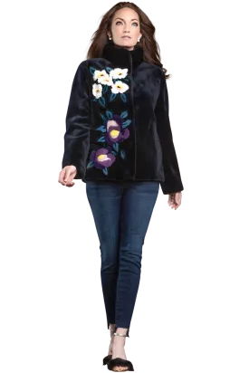 Navy Floral Sheared Mink Fur Jacket