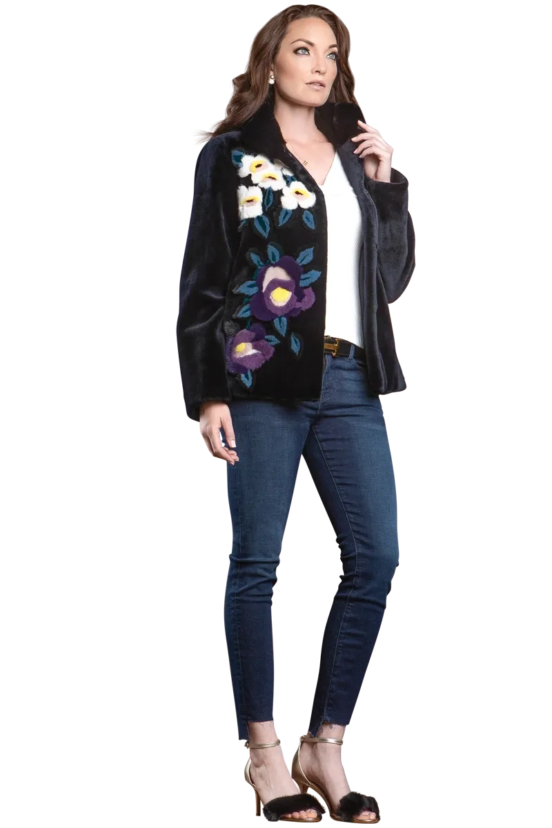 Navy Floral Sheared Mink Fur Jacket