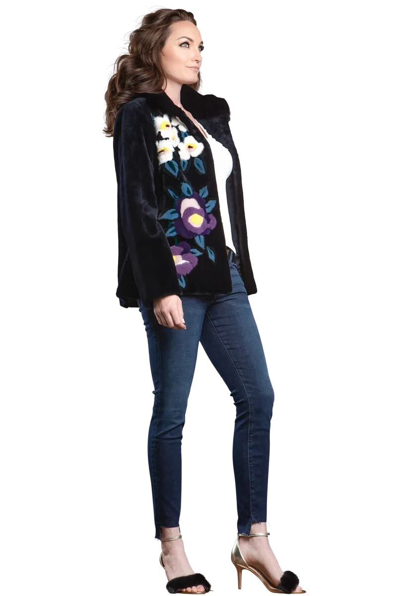 Navy Floral Sheared Mink Fur Jacket