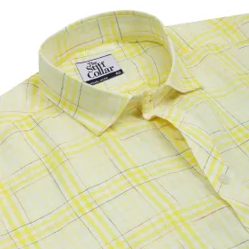 Pastel Yellow Checks Pure Linen Half Sleeve Shirt