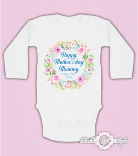 Personalised Wreath First Mothers Day Baby Kids 2021 Body Vest long sleeve Boy