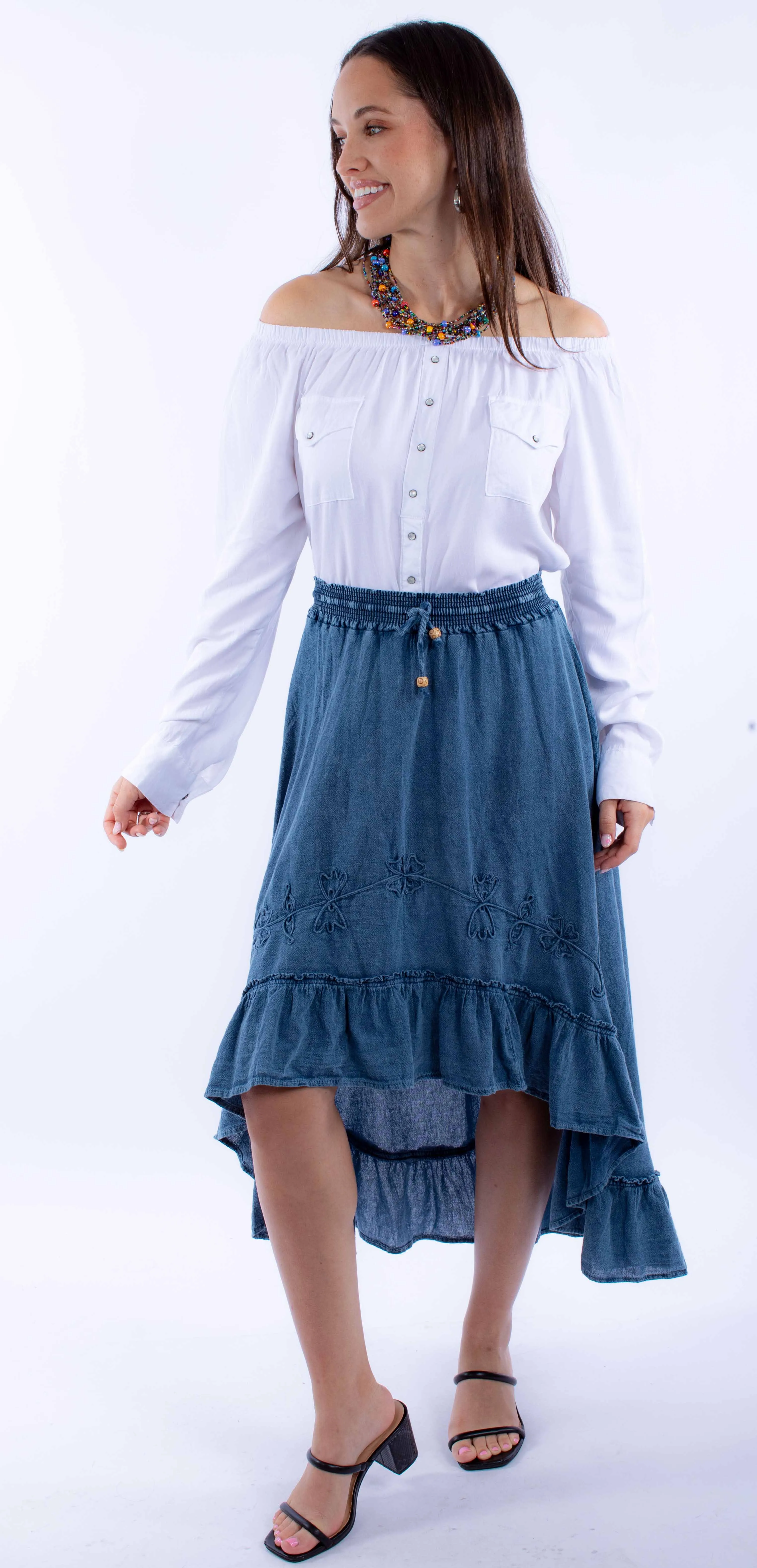 Peruvian Cotton Denim Blue High Low Skirt at Bourbon Cowgirl