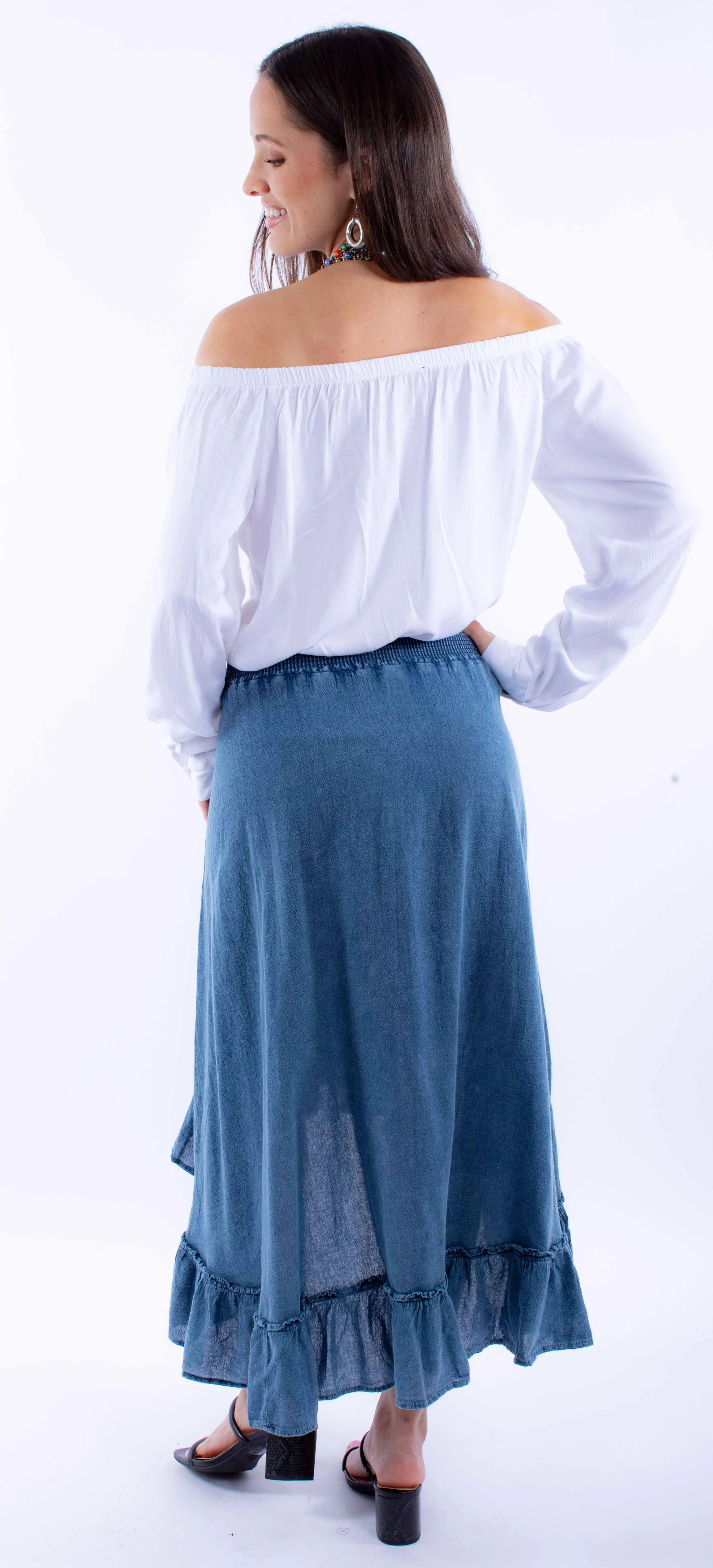 Peruvian Cotton Denim Blue High Low Skirt at Bourbon Cowgirl