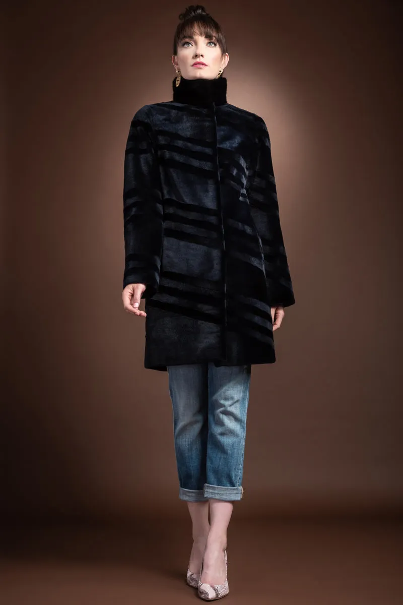 Reversible Sheared & Long Haired Mink Diagonal Mid-Length Fur Coat