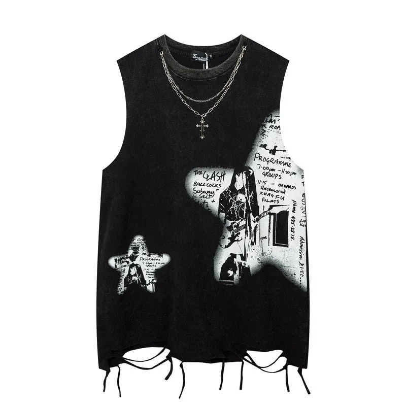 Vintage | Star Print Sleeveless Hip-Hop T-Shirt