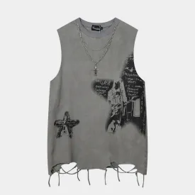 Vintage | Star Print Sleeveless Hip-Hop T-Shirt