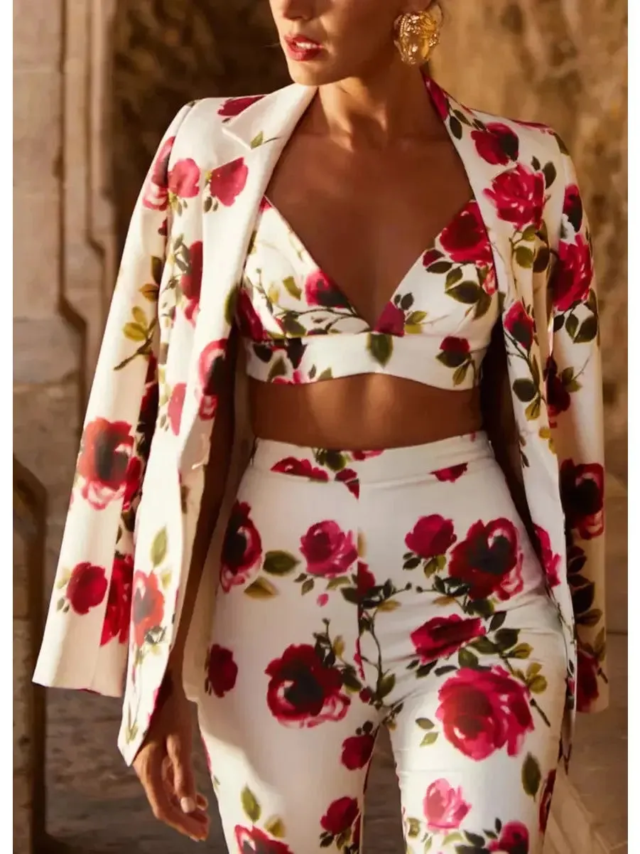 Women’s 3-Piece Watercolor Rose Print Blazer, Bra Top and Pant Suit / Set