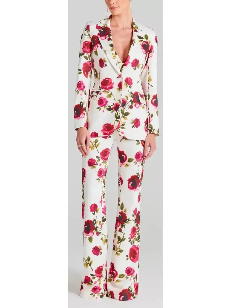 Women’s 3-Piece Watercolor Rose Print Blazer, Bra Top and Pant Suit / Set