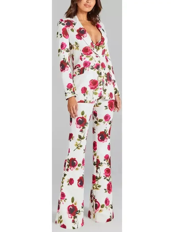 Women’s 3-Piece Watercolor Rose Print Blazer, Bra Top and Pant Suit / Set