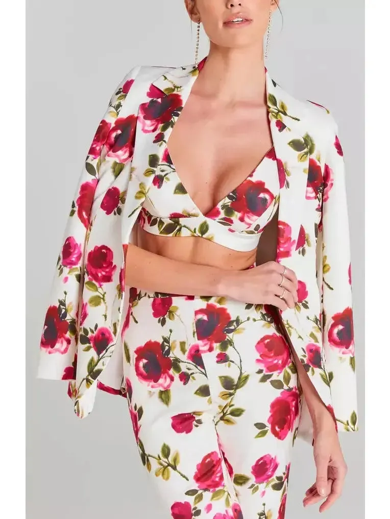 Women’s 3-Piece Watercolor Rose Print Blazer, Bra Top and Pant Suit / Set