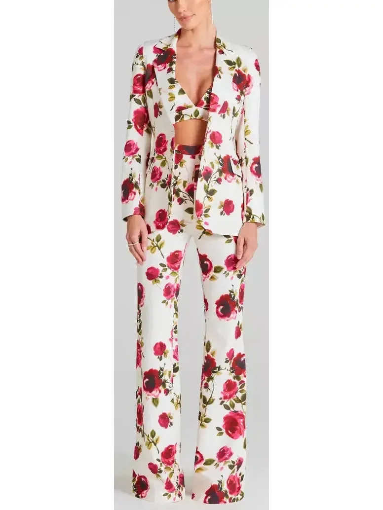 Women’s 3-Piece Watercolor Rose Print Blazer, Bra Top and Pant Suit / Set