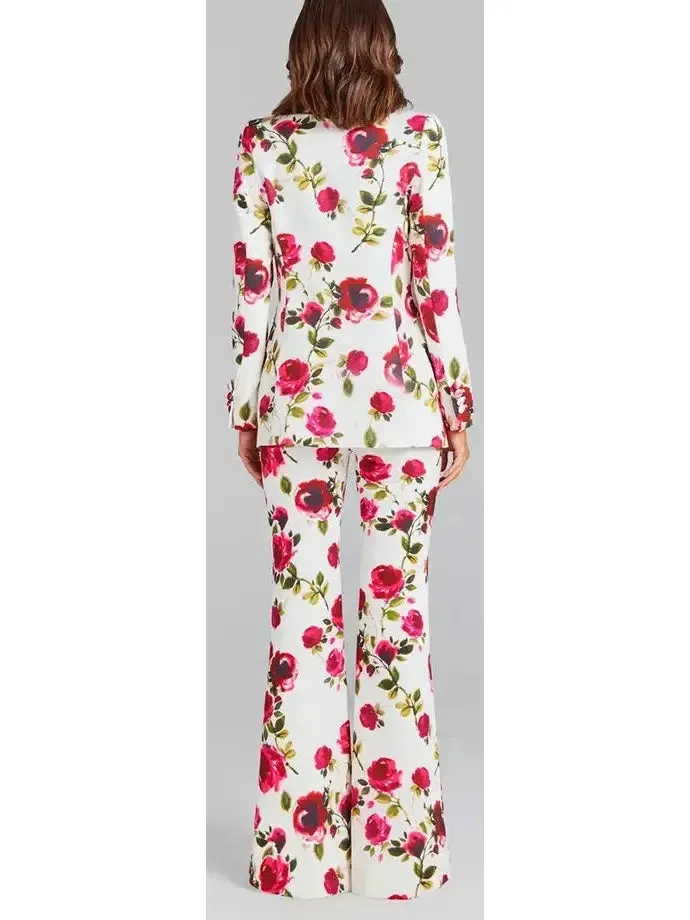 Women’s 3-Piece Watercolor Rose Print Blazer, Bra Top and Pant Suit / Set