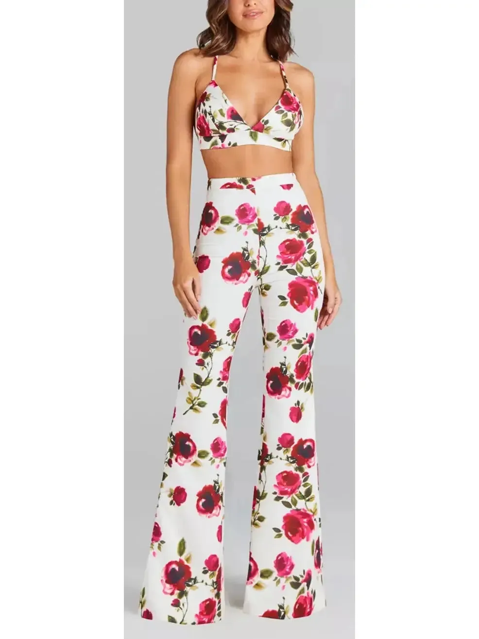 Women’s 3-Piece Watercolor Rose Print Blazer, Bra Top and Pant Suit / Set