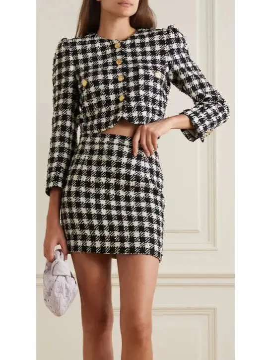 Women’s Cropped Houndstooth Tweed Jacket and Mini Skirt Set