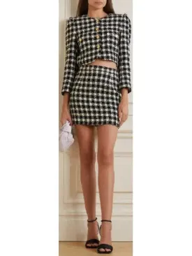 Women’s Cropped Houndstooth Tweed Jacket and Mini Skirt Set