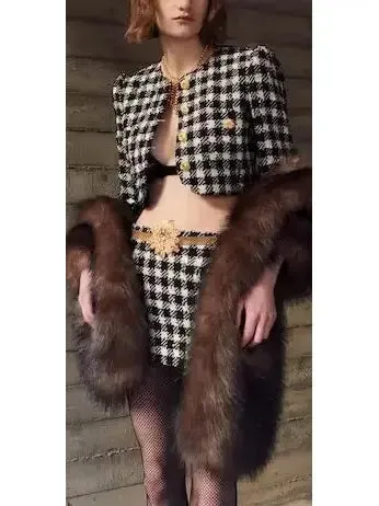 Women’s Cropped Houndstooth Tweed Jacket and Mini Skirt Set