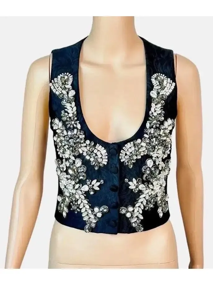 Women’s Crystal Embellished Button-Up Black Vest Crop Top