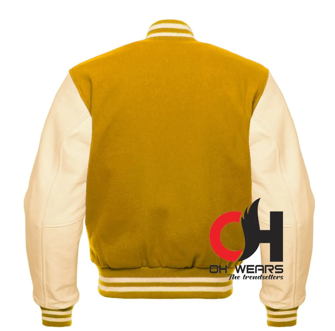 Yellow Wool and Cream Leather Sleeves Varsity Jacket